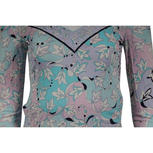 Emilio Pucci Floral V Neck Top US 8 IT 38 Blue Purple Pink Viscose Long Sleeve - Picture 3 of 9
